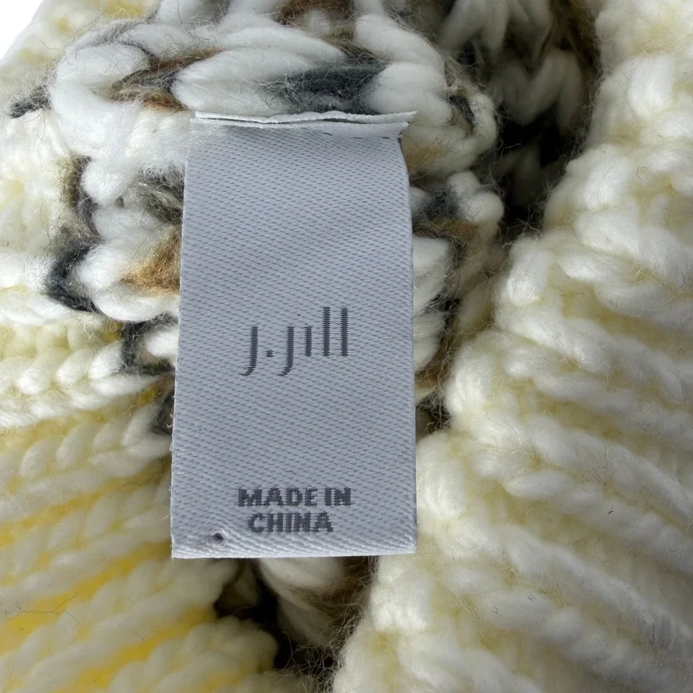 J.Jill Women's Chunky Knit Pom Pom Beanie Hat Ivory Gray Acrylic Winter OS